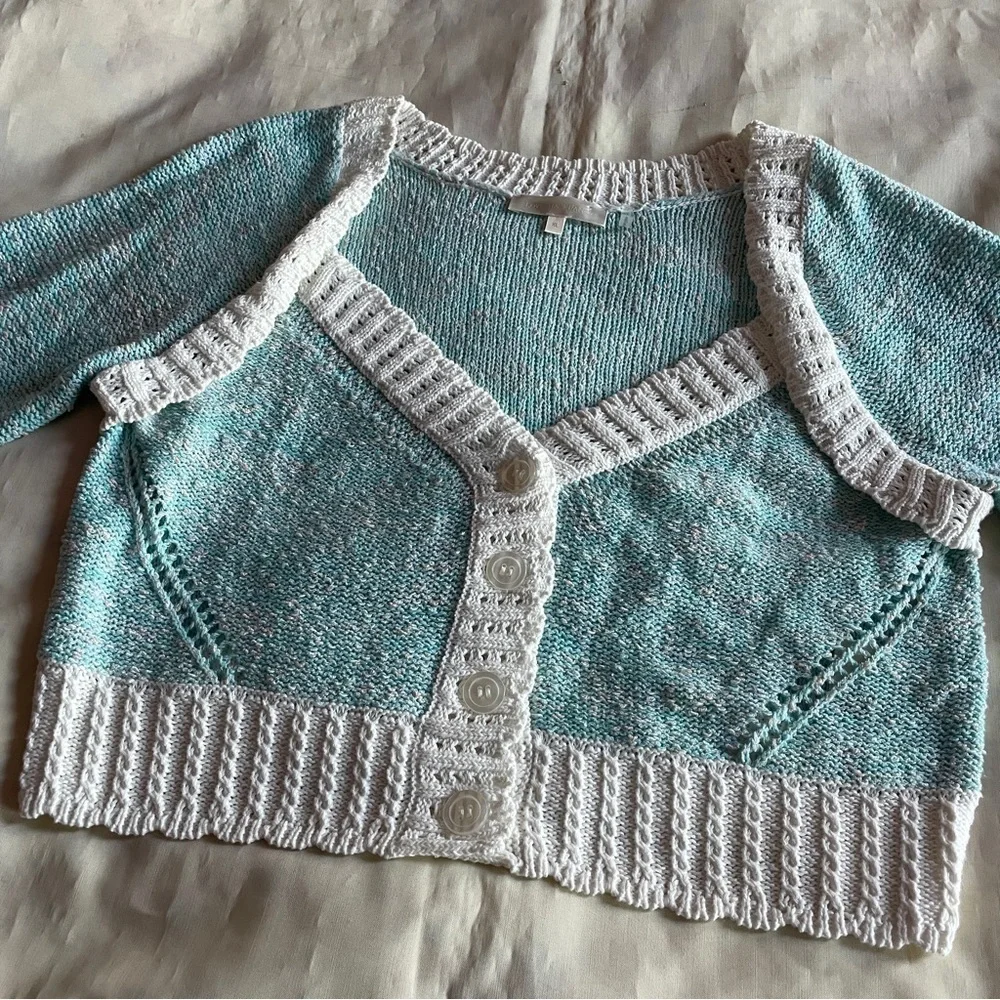 LoveShackFancy- Cotton Candy Geneve Crop Knit Sweater Cardigan Baby Blue Size XL